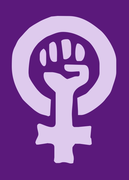 Символ феминистского движения — сжатый кулак (символ борьбы и сопротивления), заключённый в зеркало Венеры (символ женщины). Лиловый цвет фона — традиционный цвет феминизма