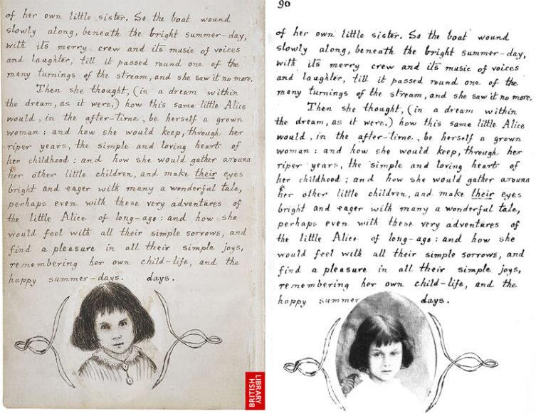 Последняя страница рукописи «Алиса под землёй» с рисунком и вклеенной на его место фотографией. Автор рисунка и фото — Льюис Кэрролл