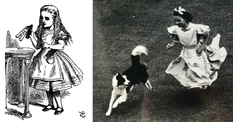 Слева — рисунок Джона Тенниела, справа — Ванесса Тейт в костюме сказочной тёзки своей прабабушки — Алисы Лиддел 