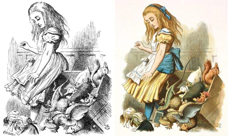 Чёрно-белая и цветная версии рисунка Джона Тенниела к «Алисе в Стране чудес»