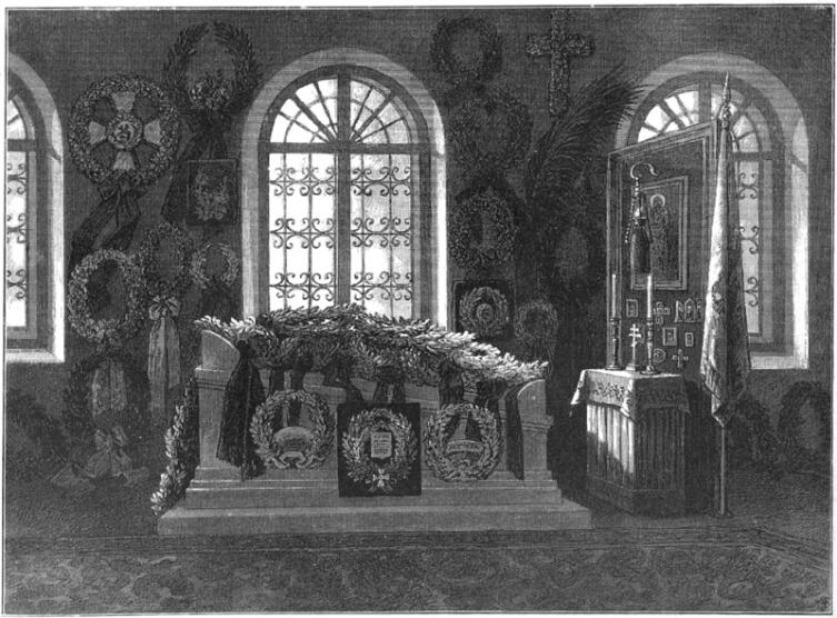 Гробница М. Д. Скобелева в церкви Спасского села. Рисунок К. О. Брожа по фотографиям фотографа-любителя