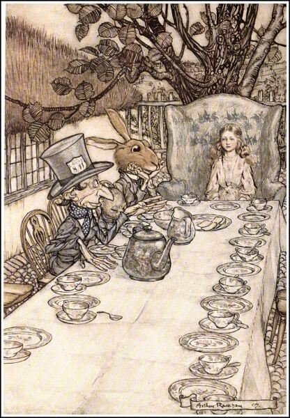 Безумное чаепитие: Болванщик, Соня, Мартовский заяц и Алиса. Иллюстрация Артура Рэкхэма