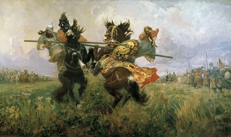 «Поединок Пересвета с Челубеем на Куликовом поле», художник М. Авилов, 1943 г.