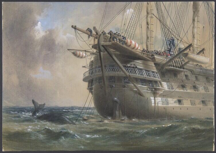 Прокладка самого первого подводного кабеля с палубы корабля «Агамемнон» в 1856 г. Художник Роберт Дадли (1826 — 1909 гг.) 
