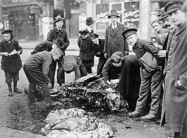 Голодные немцы разделывают мертвую лошадь на мясо. Берлин, 1919 г. 