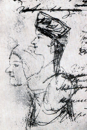 Рисунок А. С. Пушкина, предположительно изображающий Арину Родионовну в молодости и в старости, 1828 г.