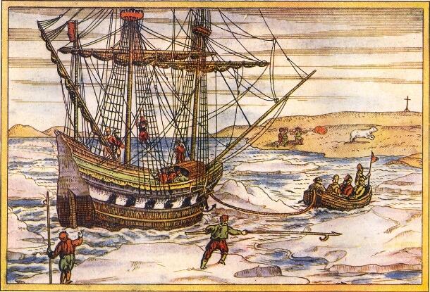 Корабль Баренца у берегов Новой Земли. Гравюра из издания дневника Геррита де Веера 1598 г.