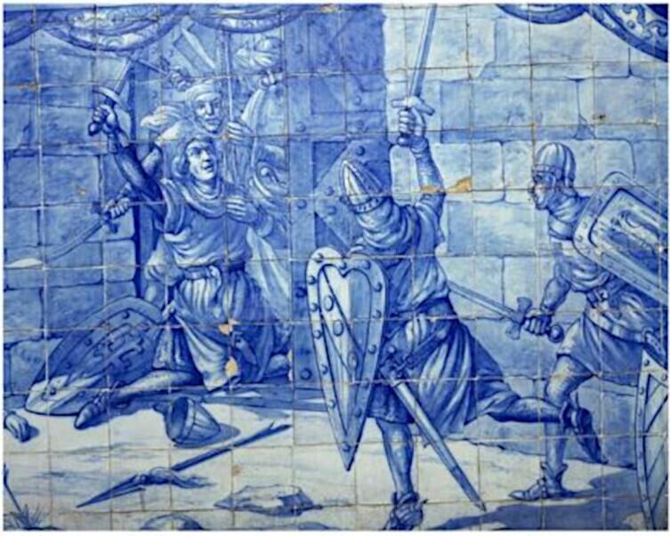 Подвиг Мартина Муниша, изображённый на керамической плитке, азулежо, на стене церкви Санта-Люшия в Лиссабоне