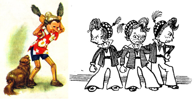 Слева рисунок к сказке «Пиноккио» (худ. Maraja Libiko, скан из книги); справа — к сказке «Незнайка в Солнечном городе» (худ. А. Лаптев, скан из книги)