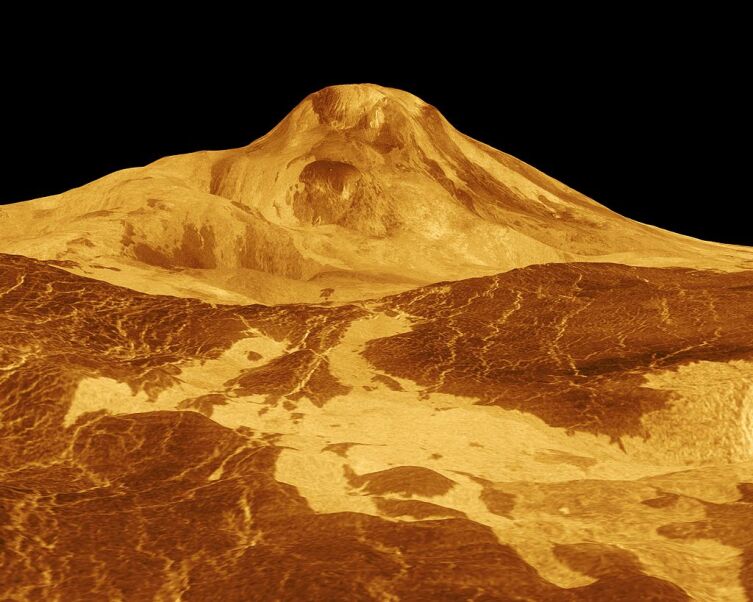 Гора Маат — высочайший вулкан Венеры. Трёхмерная модель, растянутая по вертикали в 22,5 раза. На самом деле сам вулкан тёмно-серый, а небо — зеленовато-жёлтое