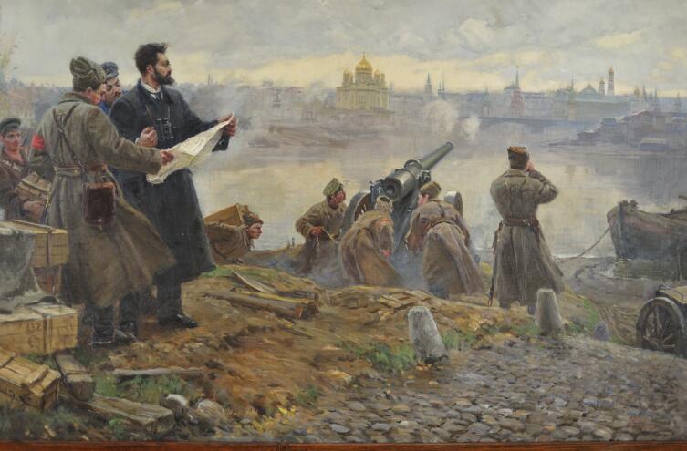 Большевики Замоскворечья во главе с Павлом Карловичем Штернбергом ведут артобстрел Кремля, ноябрь 1917 года