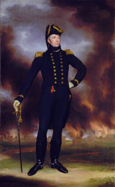 Джон Джеймс Холлс, «Контр-адмирал Джордж Кокбёрн на фоне горящего Вашингтона», ок. 1817 г.