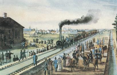 Царскосельская железная дорога. Раскрашенная литография, 1837 г.