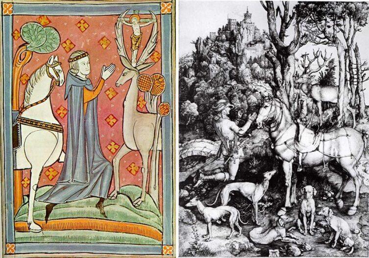 Видение св. Евстафия (Юстаса) на рисунке из английской рукописи XIII века и гравюре Альбрехта Дюрера, ок. 1501 г.
