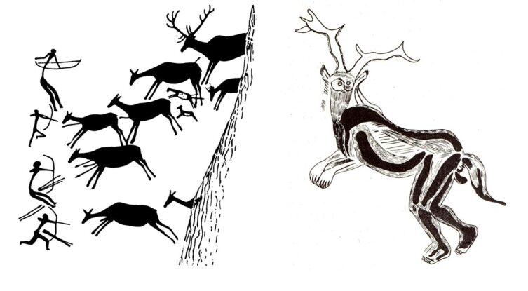 Слева — пещерный рисунок из Вальторты (Восточная Испания). Справа — «колдун». Эскиз Анри Брёйля