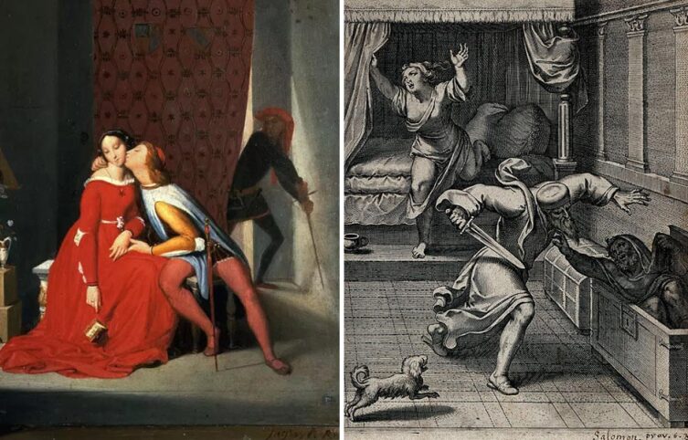 Слева — Франческа и Паоло на картине Энгра. Справа — гравюра «Яростный рогоносец» на гравюре