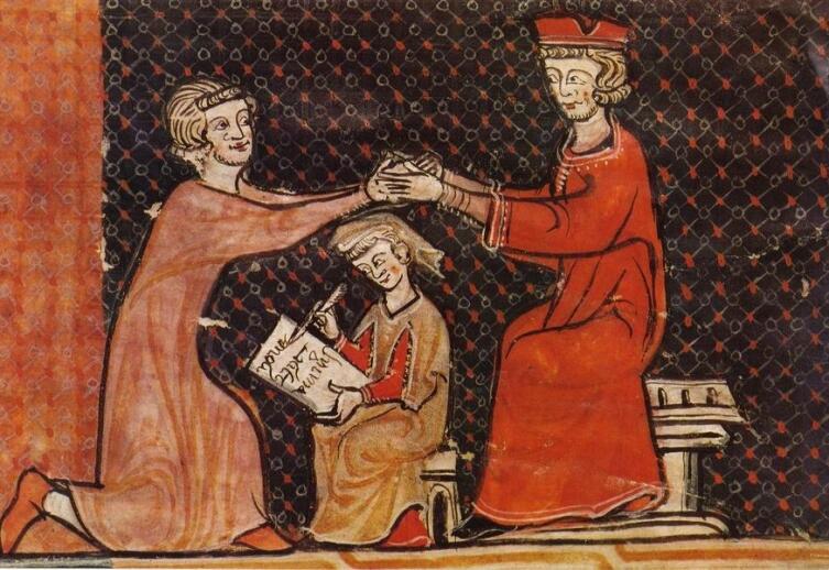 Церемония оммажа (ритуал во время принесения клятвы верности королю). Рисунок из средневековой книги
