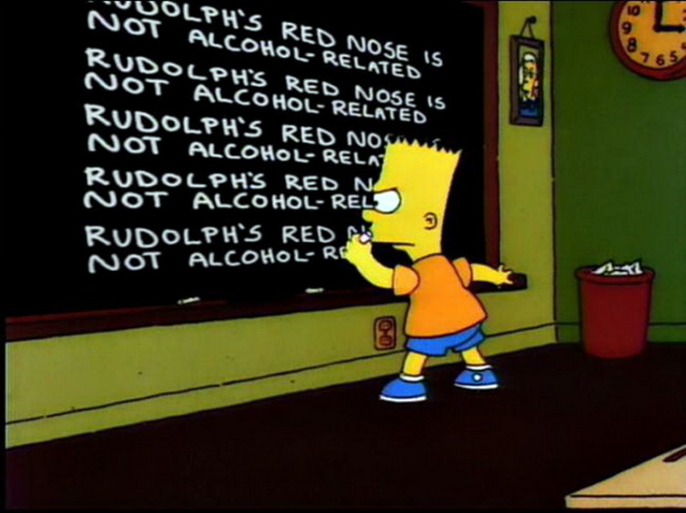 В одной из серий мультсериала «Симсоны» (сезон 9, эпизод 10) Барт пишет на доске фразу «Красный нос оленя Рудольфа никак не связан с алкоголем»