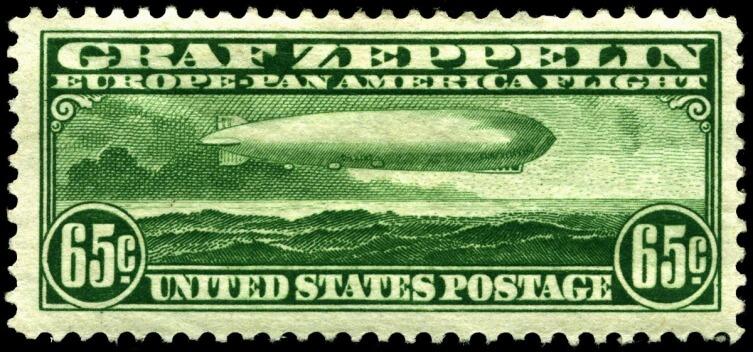Марка США «Цеппелин» номиналом в 65 центов — одна из трёх, выпущенных специально к панамериканскому перелёту «Графа Цеппелина» в мае-июне 1930 года