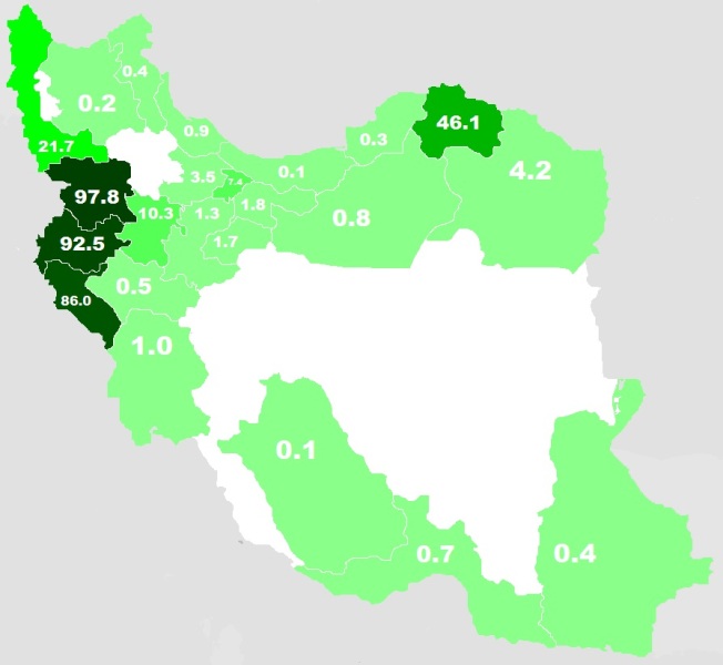 Расселение иранских курдов по провинциям Ирана и их процентное соотношение к населению этих провинций по опросу о родном языке, проведенному в 2010 году министерством культуры Иранской Исламской Республики