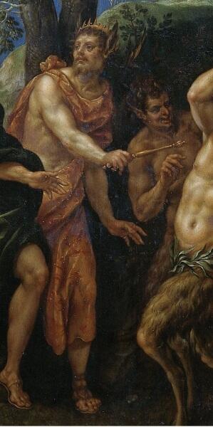 Хендрик де Клерк, «Состязание Аполлона и Пана», фрагмент «Мидас», в его руке — царский жезл, 1621 г.