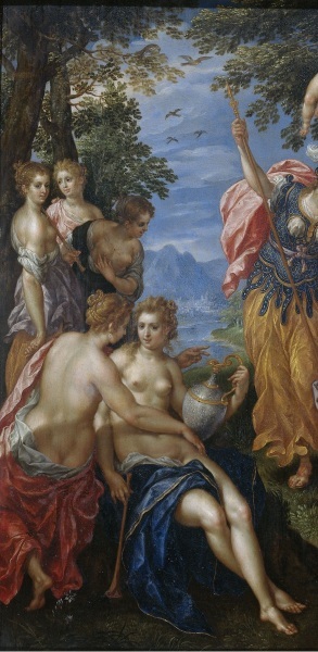 Хендрик де Клерк, «Состязание Аполлона и Пана», фрагмент «Нимфы», у каждой в руке — флейта, 1621 г.