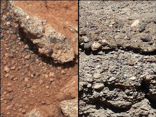 Марсианский и земной (справа) гравий