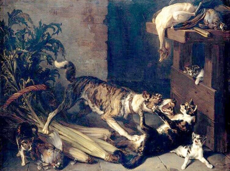 Александр-Франсуа Депорт, «Собака, дерущаяся с кошкой на кухне», 1710 г.