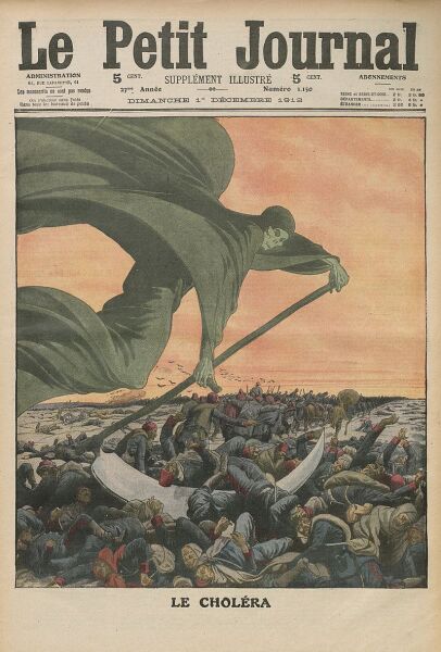Образ смерти, выкашивающей смертельно больных холерой. Обложка журнала начала XX века