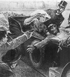 Гаврило Принцип убивает Франца Фердинанда. Рисунок из австрийской газеты 1914 г.