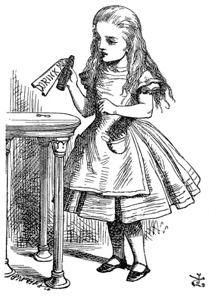 Рисунок Тенниела № 4. Алиса с бутылочкой «Выпей меня»