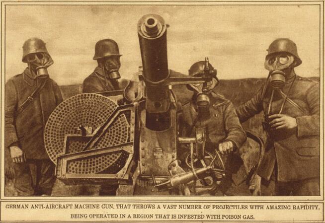 Немецкий расчёт зенитной скорострельной автоматической 37-мм пушки QF 1 pounder в противогазах, Первая мировая война