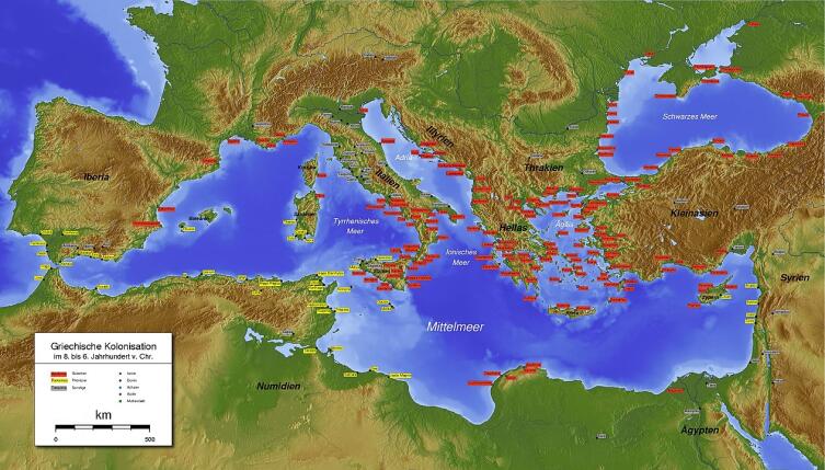Средиземное и Черное моря. Финикийские колонии — желтые, греческие — красные