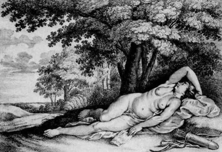 Венцель Холлар, «Отдыхающая нимфа из свиты богини Дианы», 1633 г.