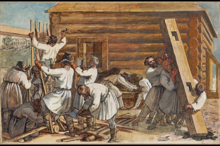 Г. Оэри, «Русские крестьяне строят избу», 1810-е гг.