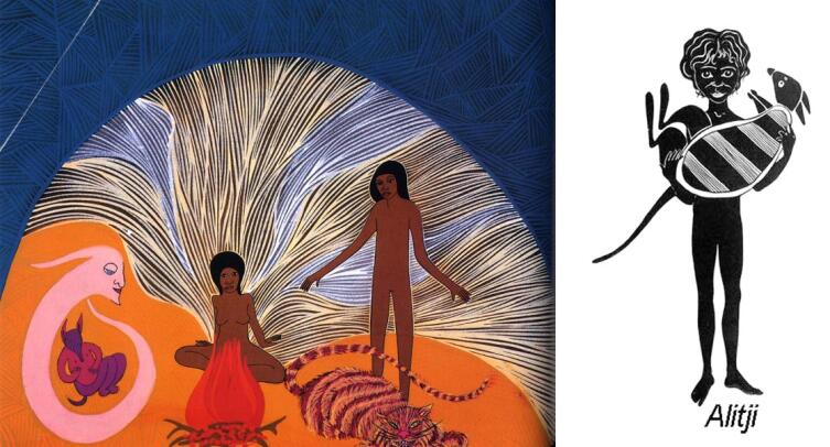 Слева — иллюстрация Donna Leslie из издания «Alitji in Dreamland» (1992). Справа — иллюстрация Byron W. Sewell из издания «Alitji in Dreamtime» (1975)