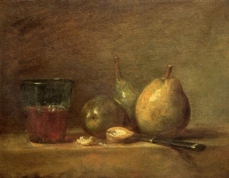 Жан Батист Симеон Шарден, «Груши, грецкие орехи и стакан с вином», 1768 г.
