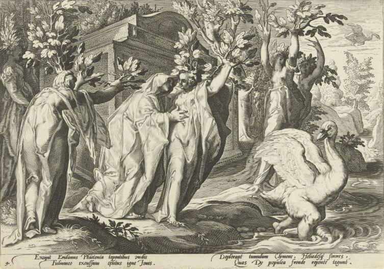 Хендрик Гольциус, иллюстрация к «Метаморфозам» Овидия, «Превращение Кикна в лебедя», 1590 г.