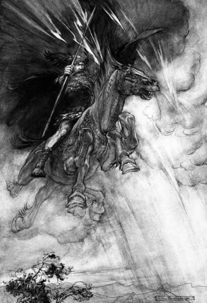 Артур Рэкхэм, «Вотан едет на грозовом облаке», 1910 г.