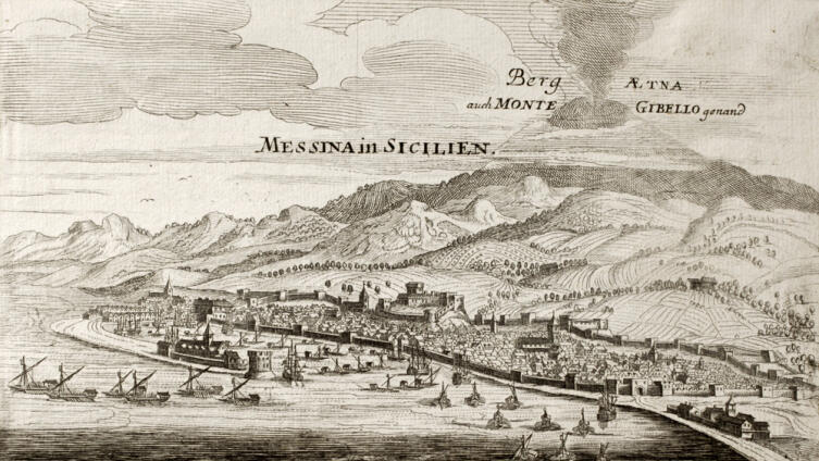 Старая карта Мессины, виден вулкан Этна