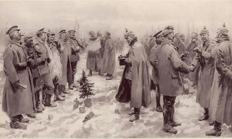 Немецкие и британские солдаты вместе празднуют Рождество 1914 года