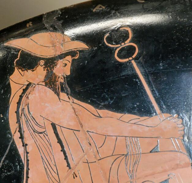 Гермес в петасе с кадуцеем. Античный кубок 480—470 годов до н. э. Краснофигурная вазопись