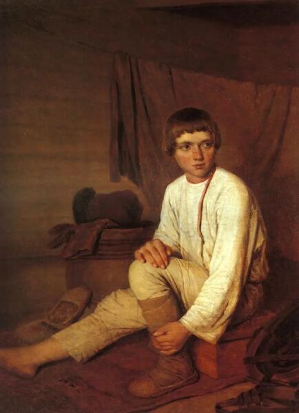 А. Г. Венецианов, «Крестьянский мальчик, надевающий лапти», 1842 г.