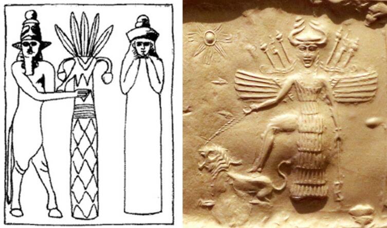 Слева — рисунок Энлиля и его жены Нинлиль, с настенной росписи Сузы, 2-я половина II тысячелетия до н.э. Справа — богиня Иштар на фрагменте оттиска печати аккадского периода