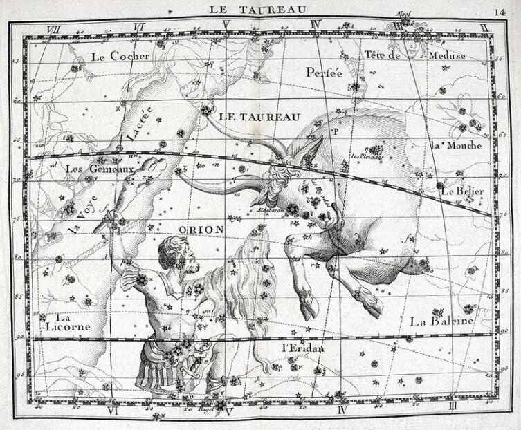 Созвездия Ориона и Тельца в звёздном атласе Дж. Флемстида