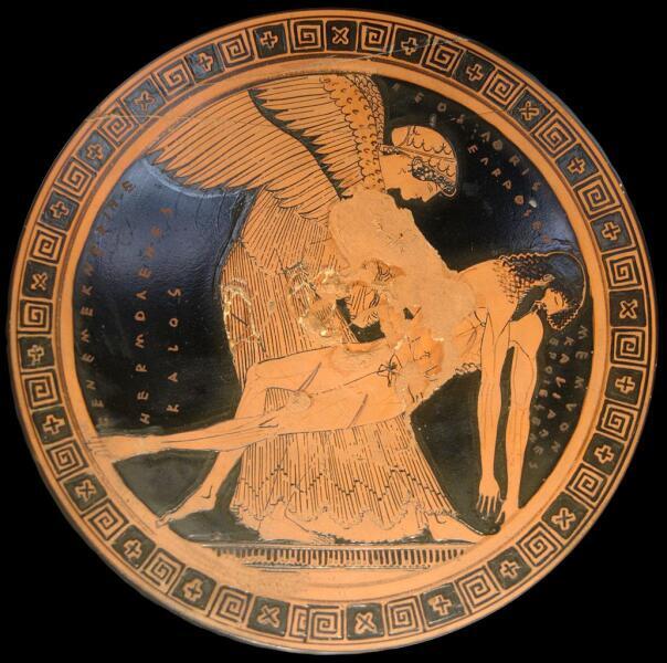 Аврора (Эос) поднимает тело своего сына Мемнона. Краснофигурный сосуд, Капуя, начало V века до н. э.