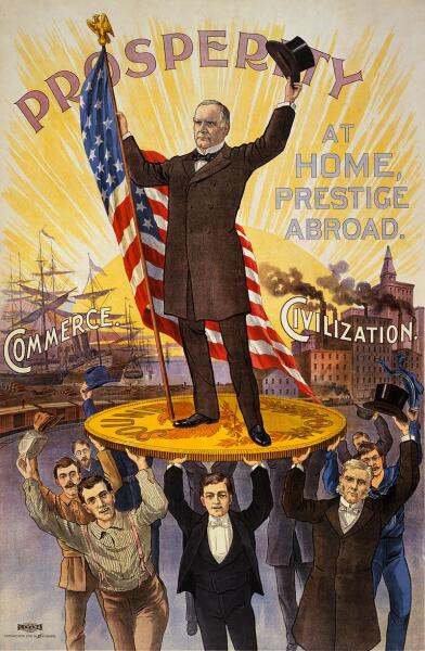Плакат о переизбрании 1900 года с лозунгом, прославляющим Мак-Кинли: «Процветание дома, престиж за рубежом»