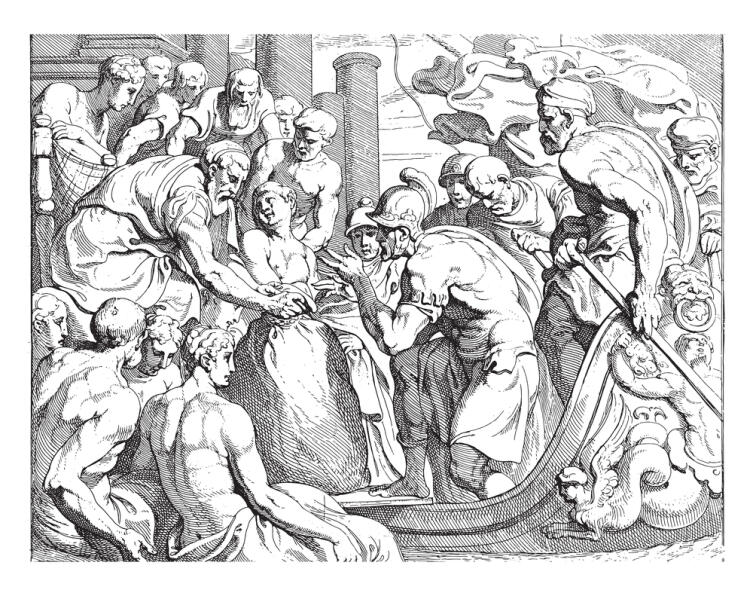 Одиссей получает мешок встречного ветра от Эола, Одиссей, со шлемом на голове, получает мешок встречных ветров от Эола, винтажная гравировка