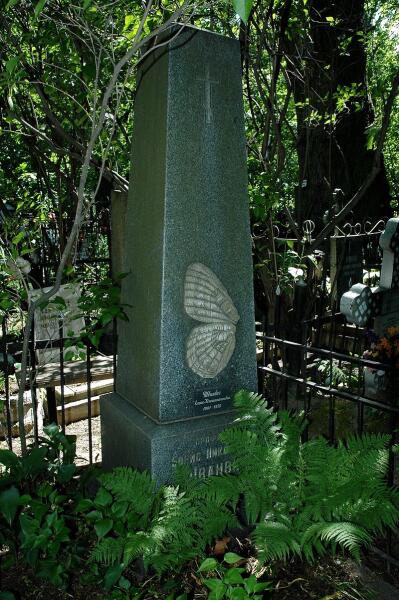Памятник на могиле Б. Н. Шванвича на Большеохтинском кладбище в Санкт-Петербурге с изображением плана строения рисунка крыльев бабочек, согласно его теориям