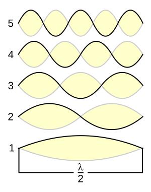 Колебания идеальной струны. Реальные колебания составляются из указанных. 1 — основной тон, 2—5 — вторая — пятая гармоники, соответствующие первому — четвёртому обертонам